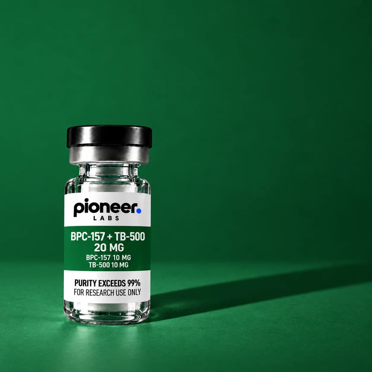 BPC-157 + TB-500 vial with a long shadow on forest green