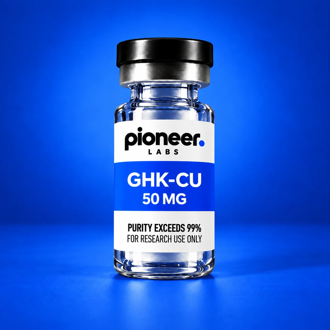 GHK-CU in a clear glass vial on cobalt blue