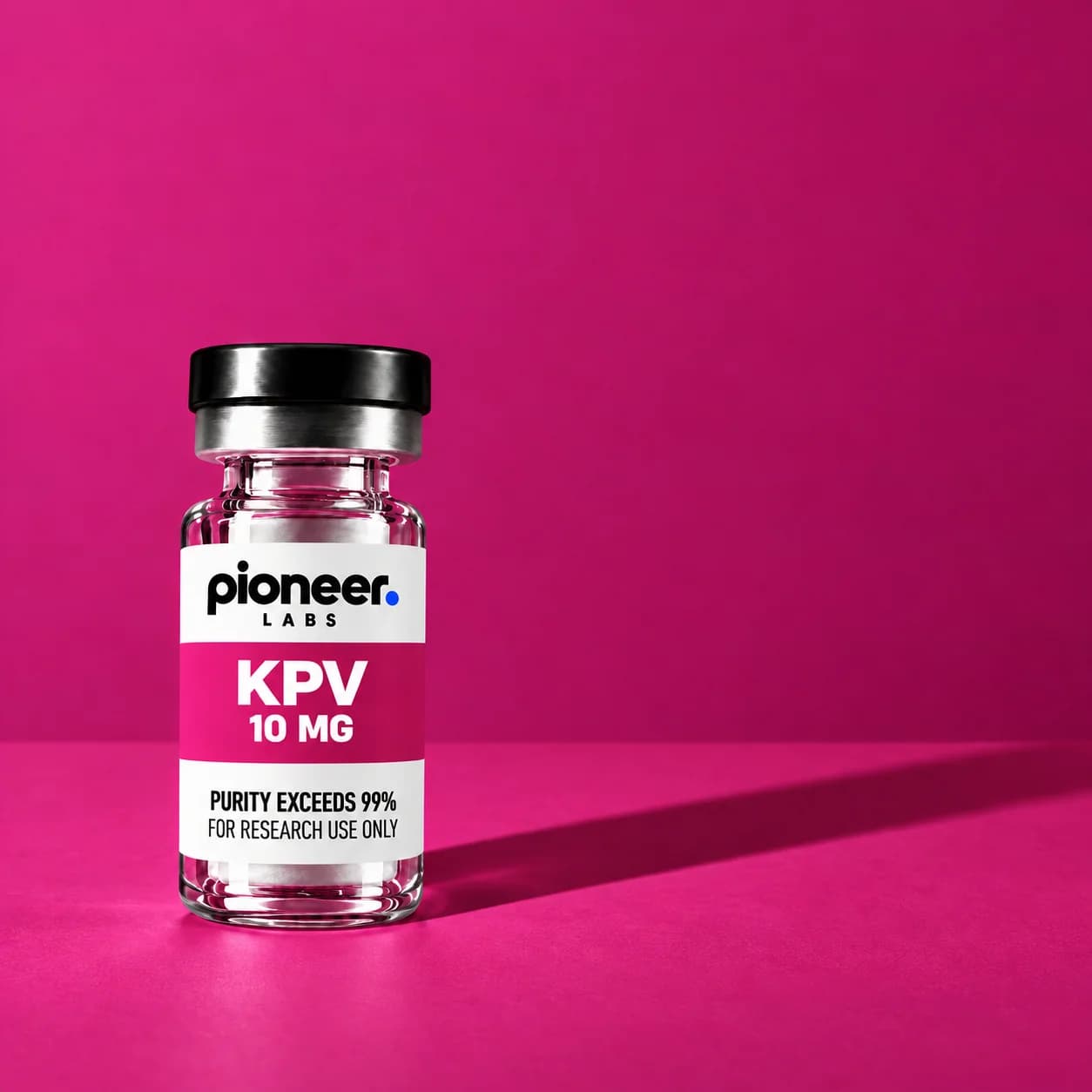 KPV in a clear glass vial on raspberry pink