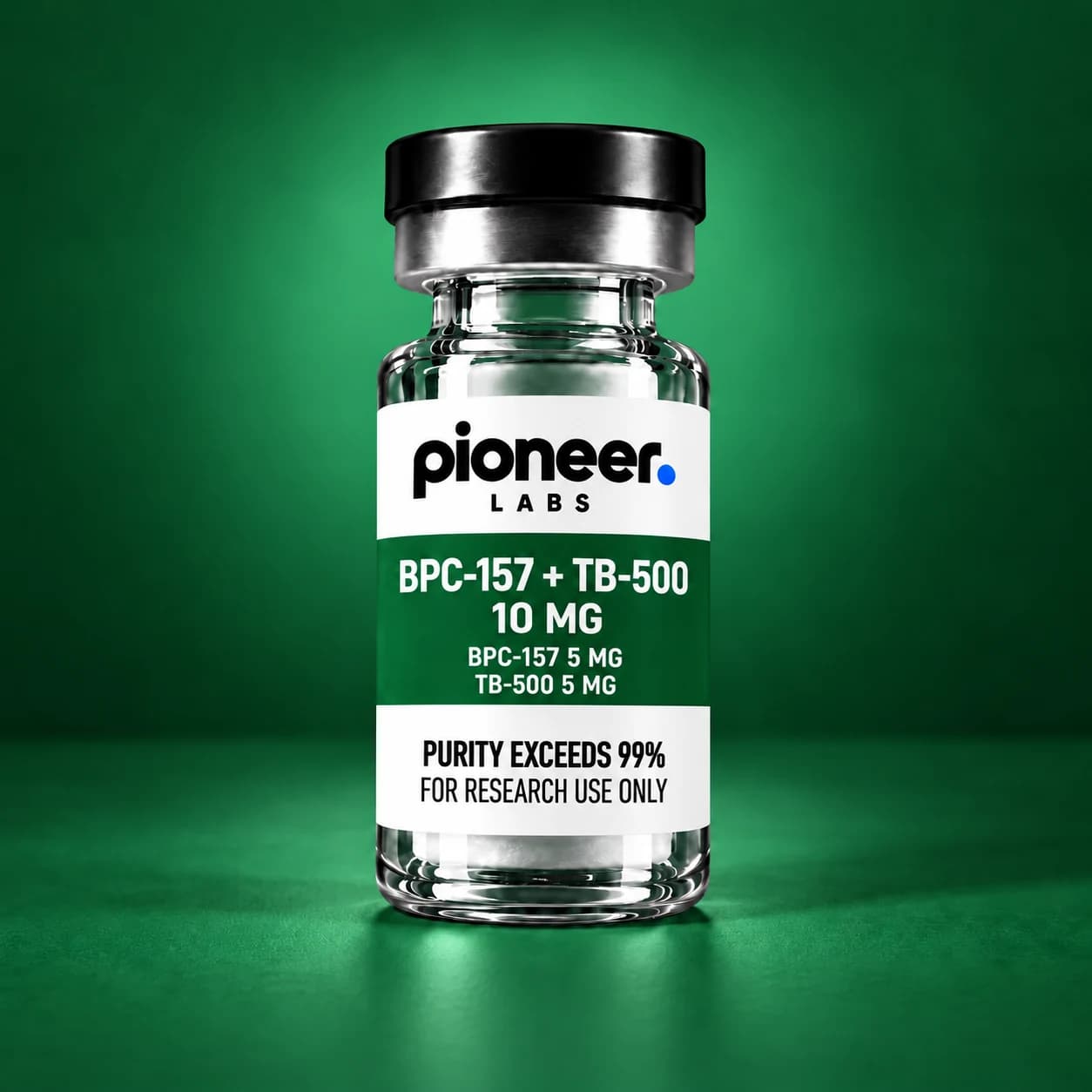 BPC-157 + TB-500, clear glass vial with matching colored label and background