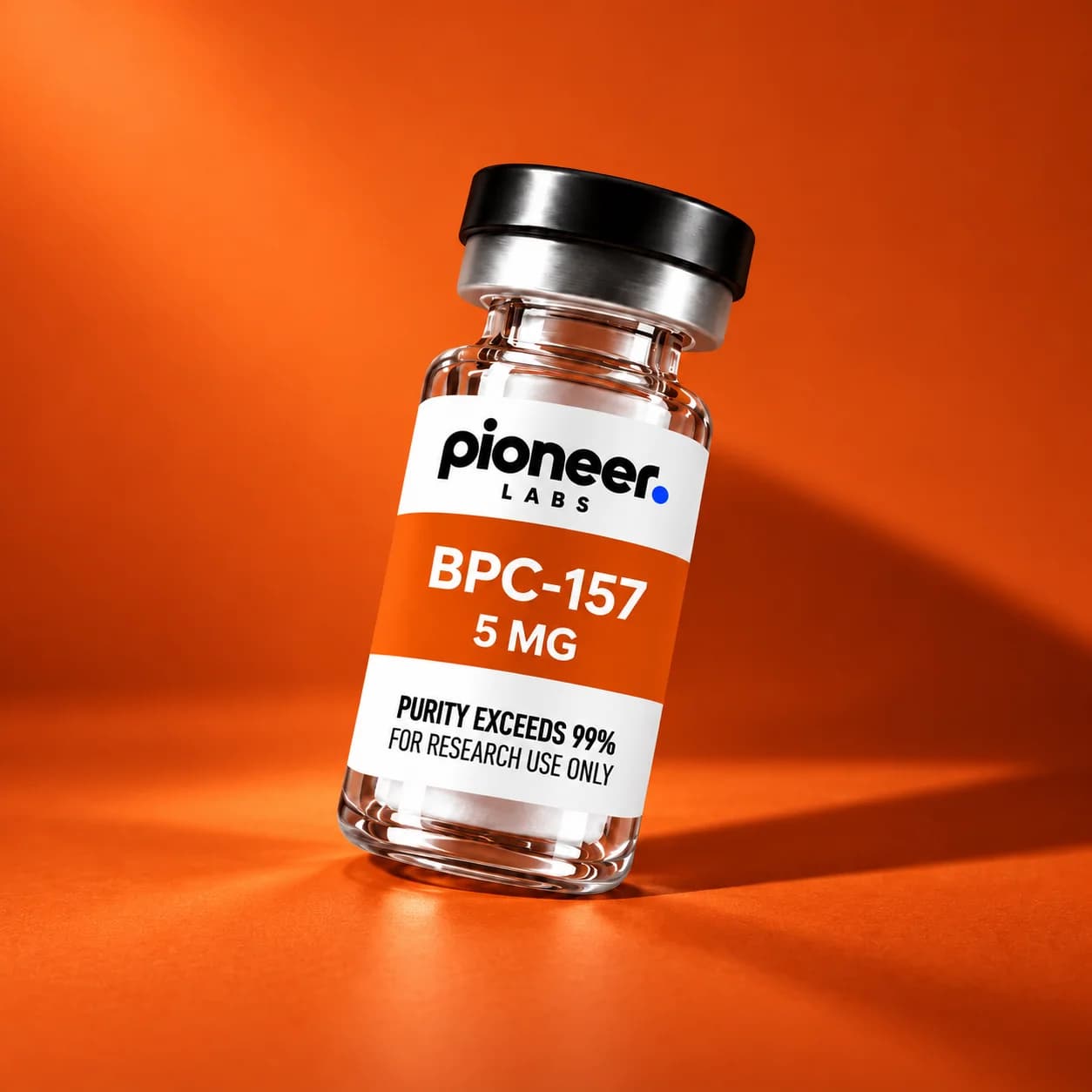 BPC-157 in a clear glass vial on orange