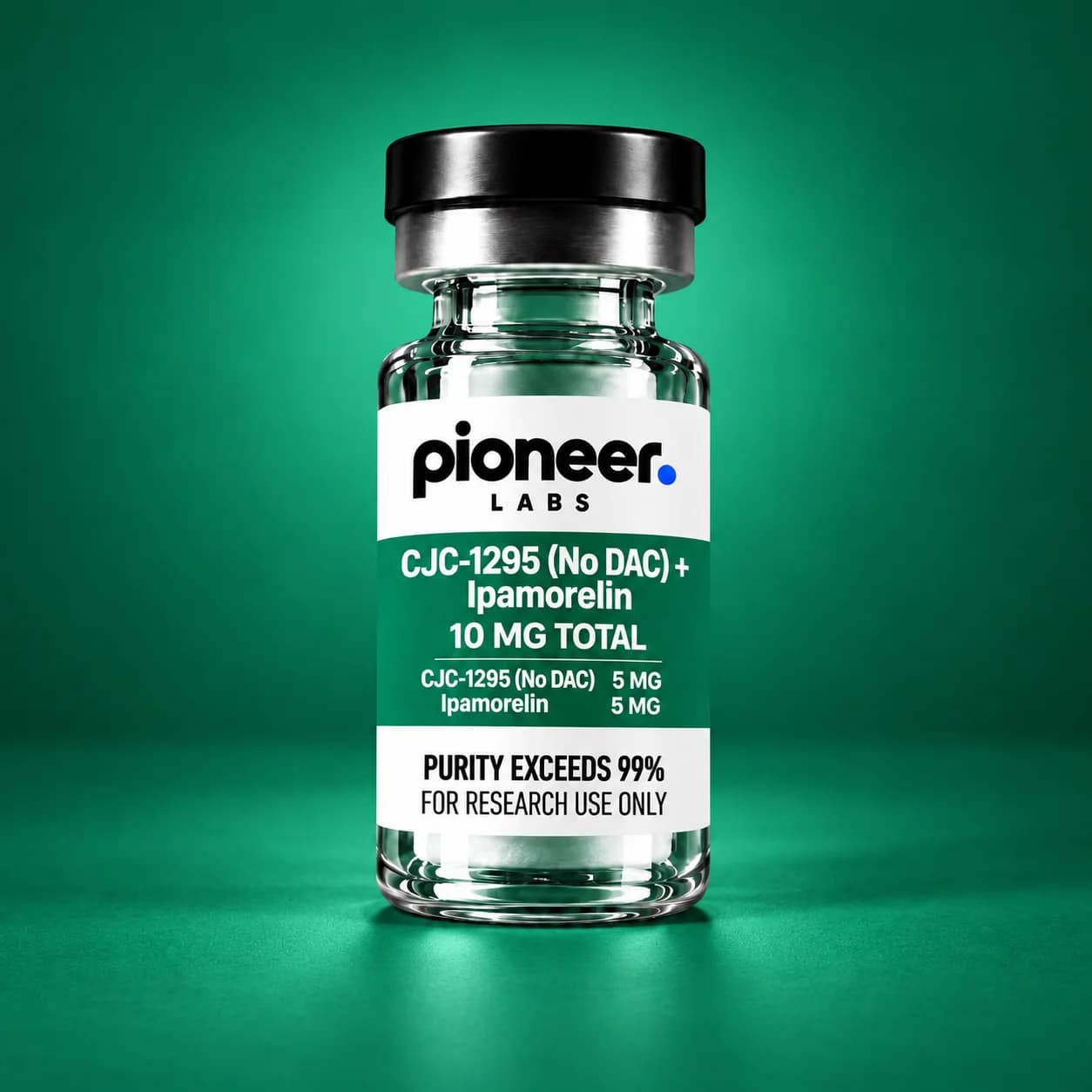 CJC-1295 (No DAC) + Ipamorelin, clear glass vial with matching colored label and background