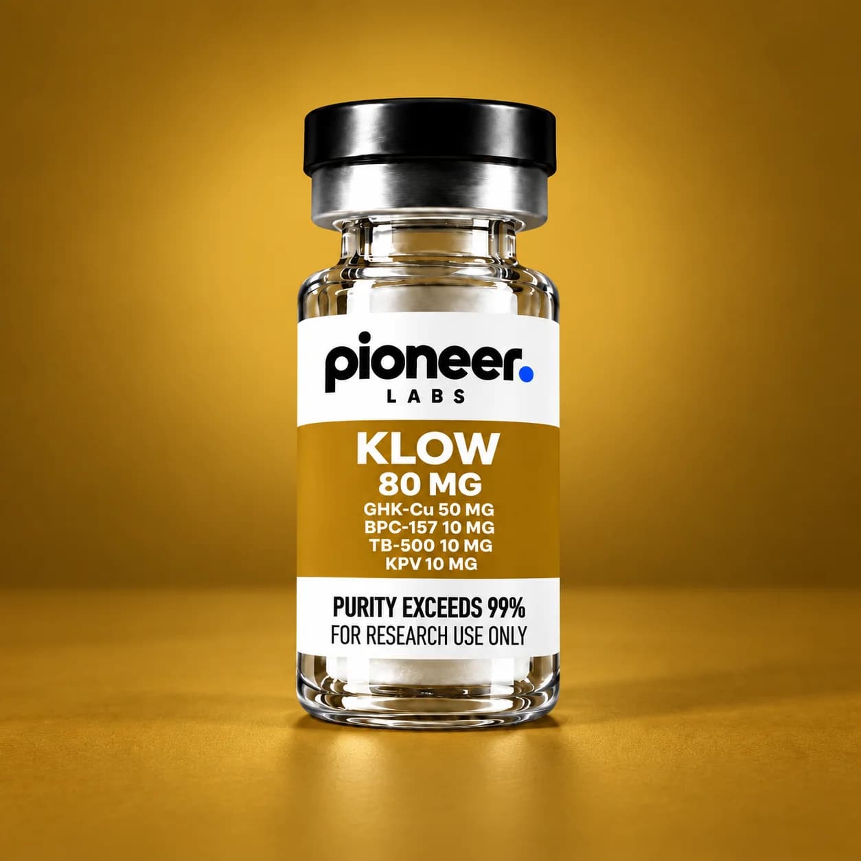 KLOW, clear glass vial with matching colored label and background