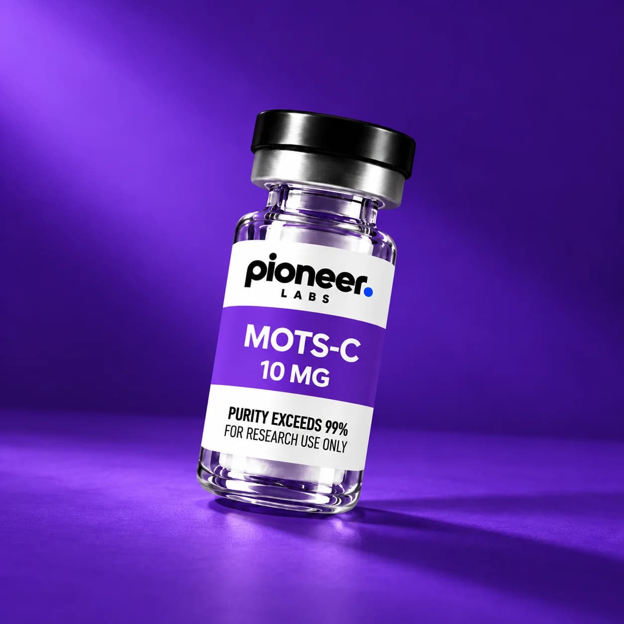 MOTS-C vial under raking light on purple