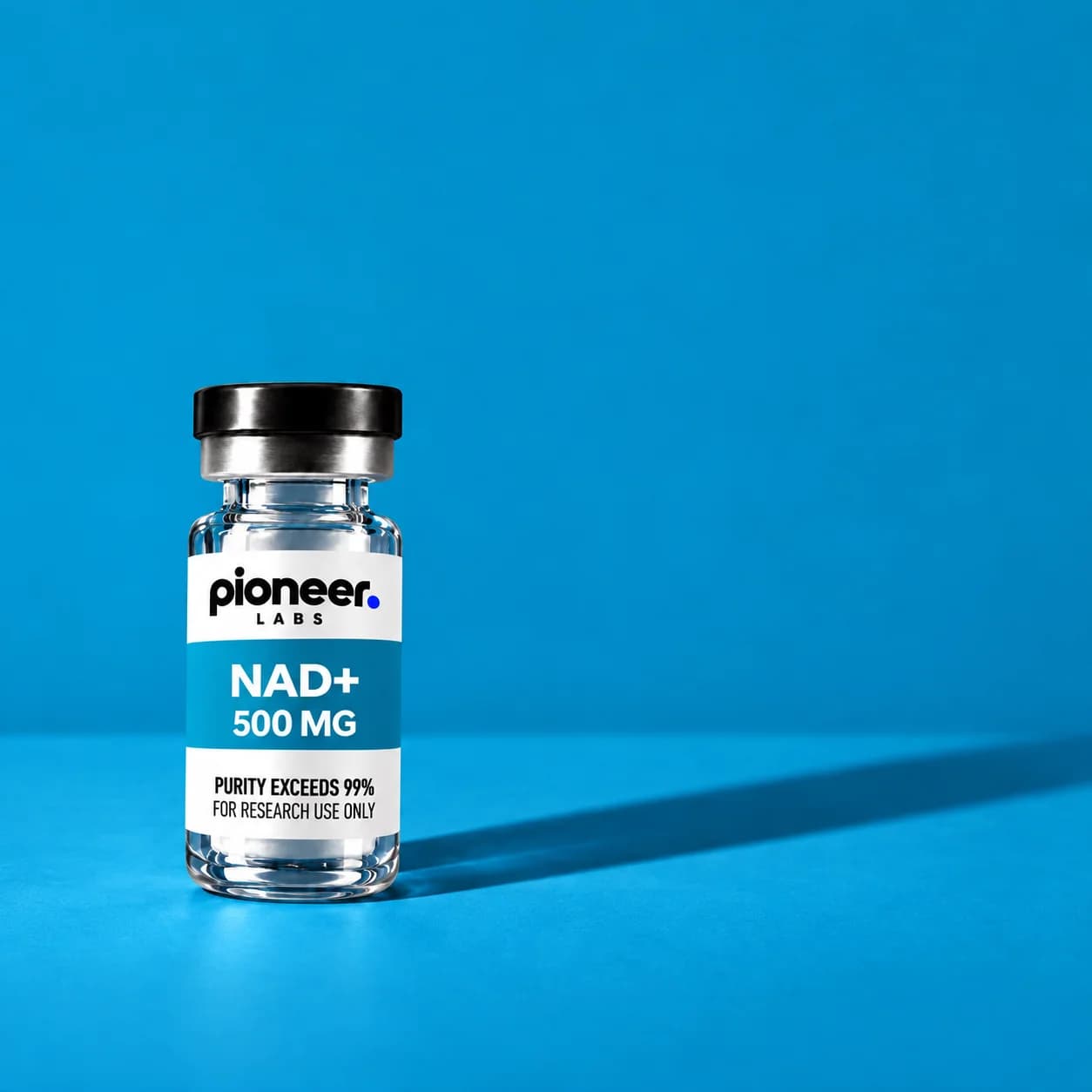 NAD+ in a clear glass vial on cyan
