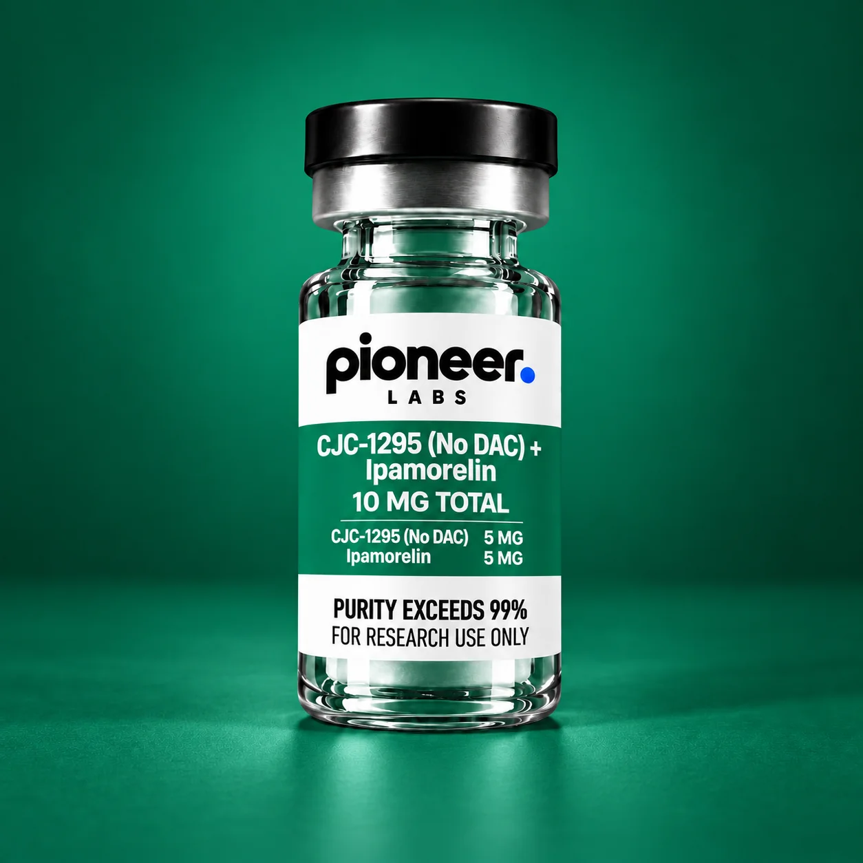 CJC-1295 (No DAC) + Ipamorelin 5/5mg front label: CJC-1295 (No DAC) 5mg, Ipamorelin 5mg.