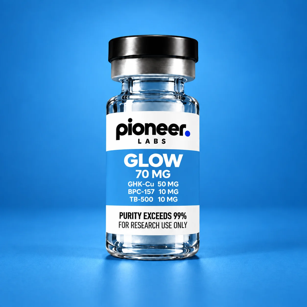 GLOW 70 MG front label: GHK-Cu 50mg, BPC-157 10mg, TB-500 10mg.